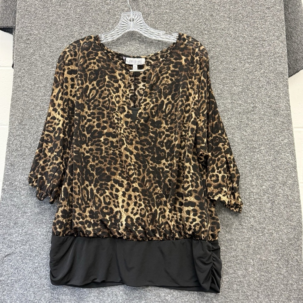 Jennifer Lopez Leopard Print Sheer Blouse Attached Tank Top Womens XL 3/4 Sleeve